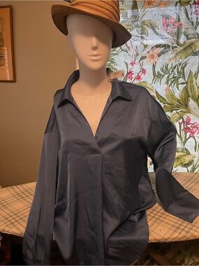 Double Zero Navy Satin Button-Down Blouse